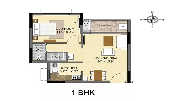 1 BHK apartment floor plan of Prestige Suncrest 1 BHK apartment floor plan of Prestige Suncrest